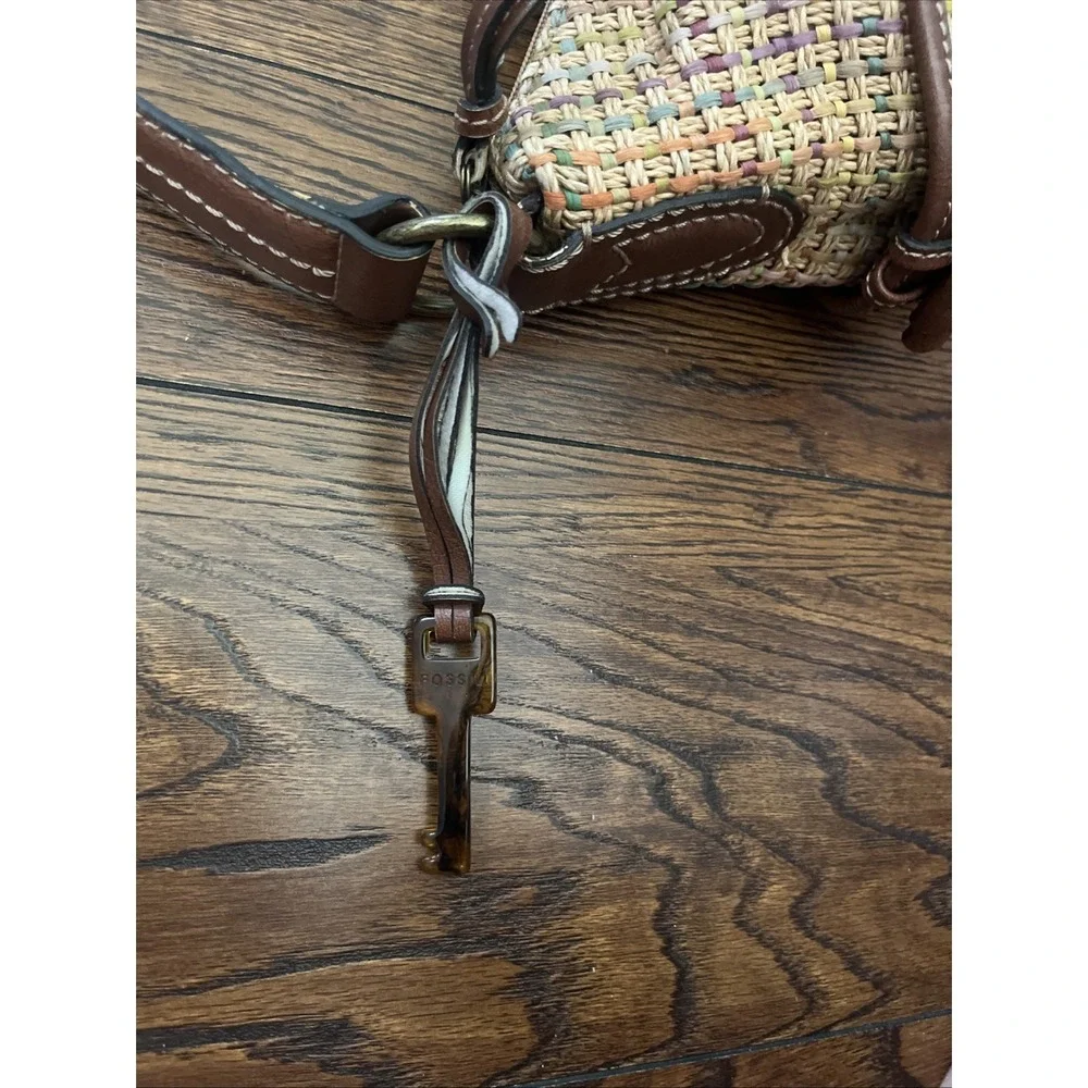 Fossil Straw Woven Hobo Bag Multicolor Leather Trim Summer Boho Purse